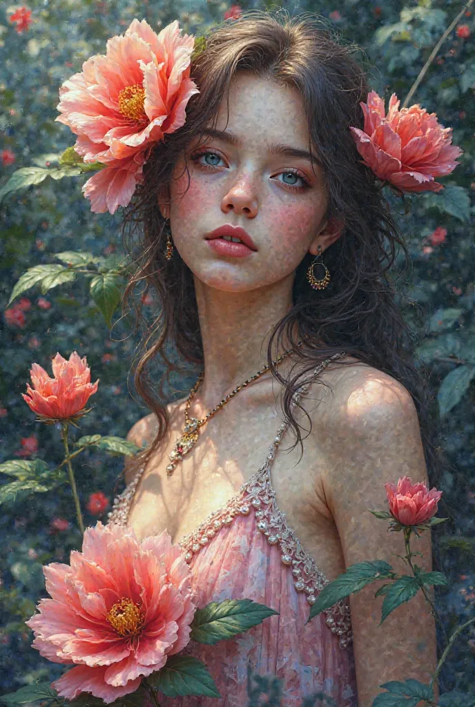 1girl in a masterpiece, top-quality, official art, beautifully aesthetic: 1.2, highlighting her upper body. The girl is surrounded by 1 flower, creating a highly detailed, colorfully vibrant scene. The artwork showcases the beauty of fractal art: 1.3 in th...