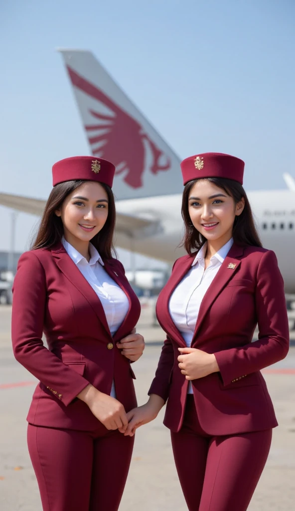 two Qatar Airways flight attendant who was standing on the runway in the background aircraft of the airline. They wear a maroon official uniform with a distinctive hat as well as an identity pin on the chest. The two smiled kindly, reflects professionalism...