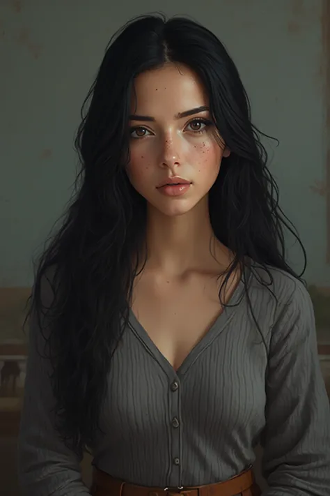 35 years old turkish round face mom with black straight thin hair,has a calm but remarkable appearance,she has freckles on her face wearing brown hair tights pants and a gray sweater with a neckline.