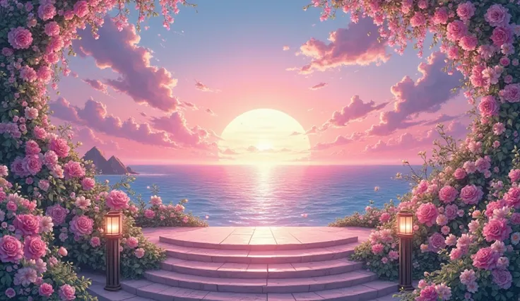 anime beautiful sunset, flower themed concert stage setup empty, with ocean in the background