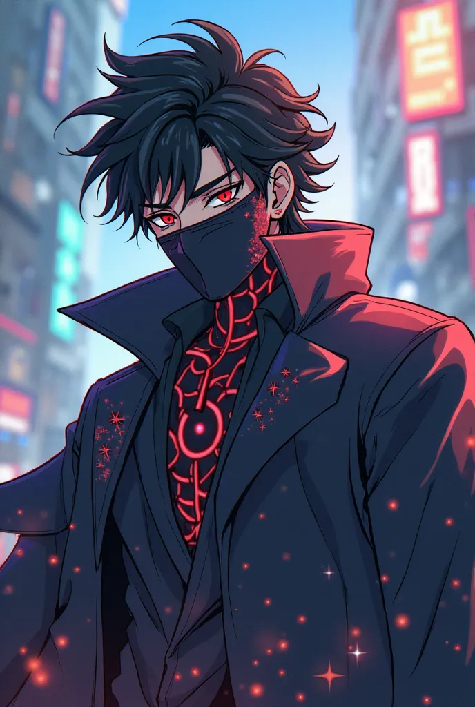 Create an anime character that is called Josué The Guardian of the Time Vortex from a Game called The Stronger Batleground in Roblox but who has a mask on his eyes like Gojo by Jutjusu Kaisen