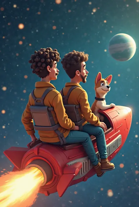 Creates an image of a man with medium length hair with a mustache, Another one with hair with curlers in the style of Cerati, And a dog ; traveling on a rocket through space without helmets with a perspective from behind. in an animated style

