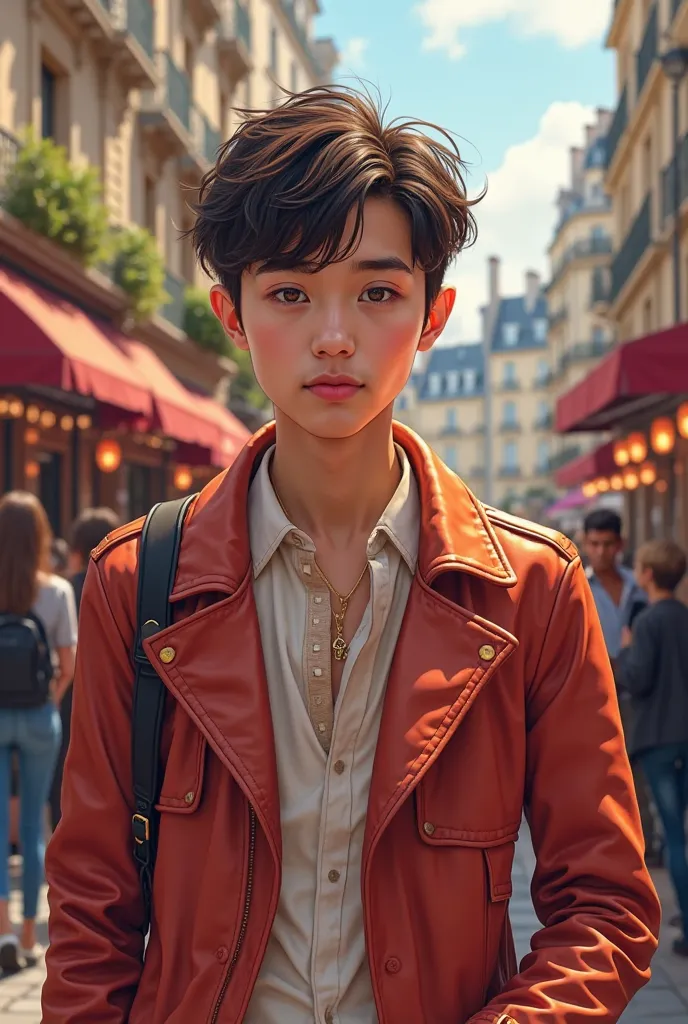 Create me a character ,  a 22-year-old boy , who is a model in Paris, It's fun and cute, has white skin, her dark brown hair,  big brown eyes , high,  beautiful smile