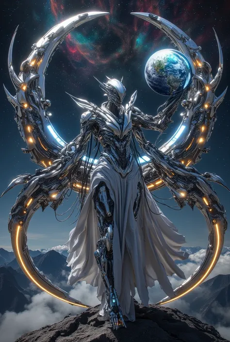 "A futuristic cybernetic deity standing on a rocky mountain peak, surrounded by a cosmic sky filled with glowing stars and swirling nebulae. The figure is a fusion of advanced robotic technology and mystical elegance, with intricate metallic armor covering...