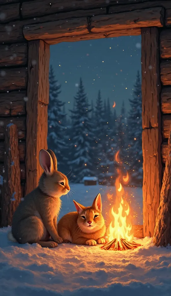 "As night falls, the rabbit and Fire Cat return inside the warm wooden house. The rabbit sits by the fireplace, now feeling safe and happy. The Fire Cat curls up beside it, its flames gently flickering but no longer dangerous. The soft glow of the fire ill...