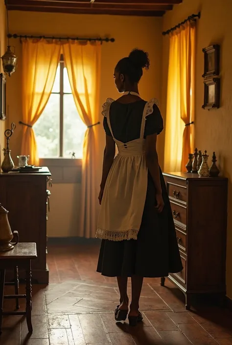 Black-skinned maid of 3 who has giant gig ass tits inside a mission with wooden floors and stairs that every window has a yellow curtain 