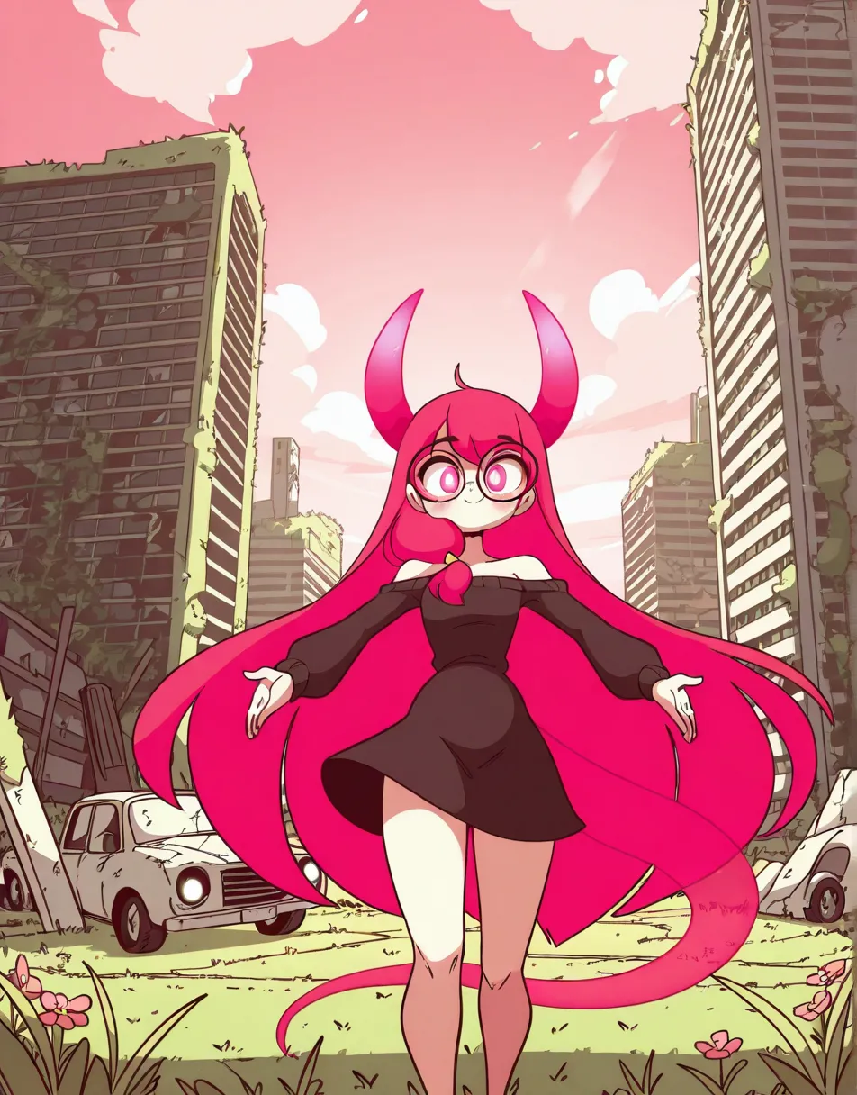 art by diives, best quality, masterpiece, uncensored, source_anime, perfect hands, 1girl, solo, magenta hair, pink eyes, skirt, long hair, black medium skirt, ruins, overgrown, open arms, smile, black sweater, flower, sky, plant, afternoon, bare shoulders,...