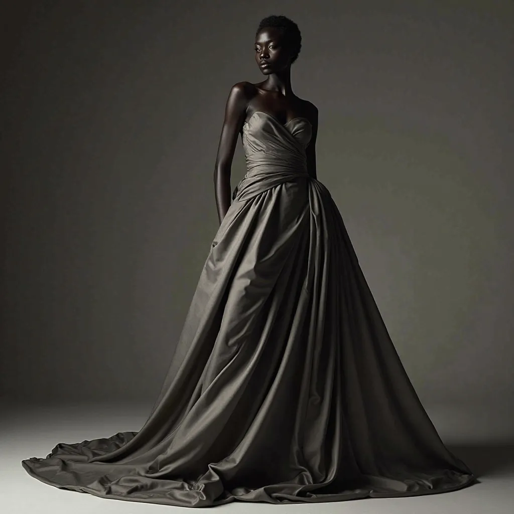 A haute couture campaign in a surrealist setting. A black model with an imposing posture wears a long draped dress,  as if it had a life of its own . But something in the image doesn't seem right: the fabric wraps around her arms and legs in a way that it ...