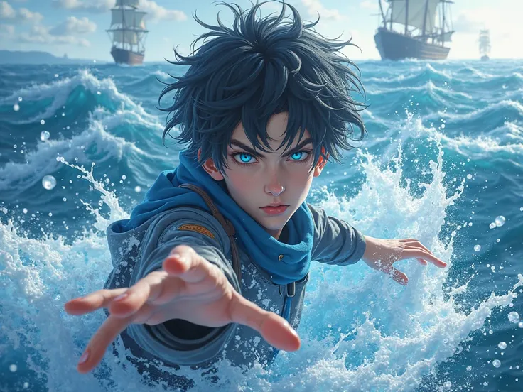 A adolescent man black haired, bright blue eyes, who controls the water of the ocean, Water kineticist, realism