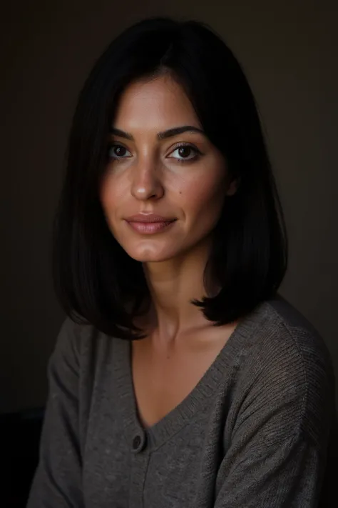 35 years old turkish round face mom with black straight thin hair,has a calm but remarkable appearance,she has freckles on her face wearing brown hair tights pants and a gray sweater with a neckline