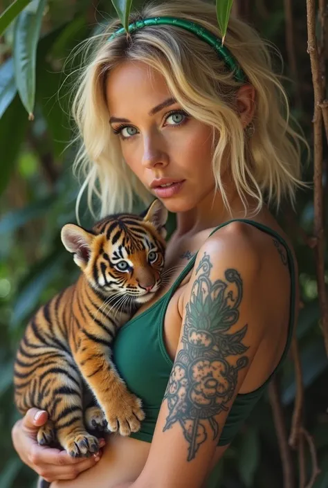 Femme blonde cheveux carré plongeant aux yeux bleus clair avec percing a l'arcade et tatouage poignet droit "mum", mince grosse poitrine habillée d'un croc top vert et des haut talon, tenant un bébé tigre en laisse