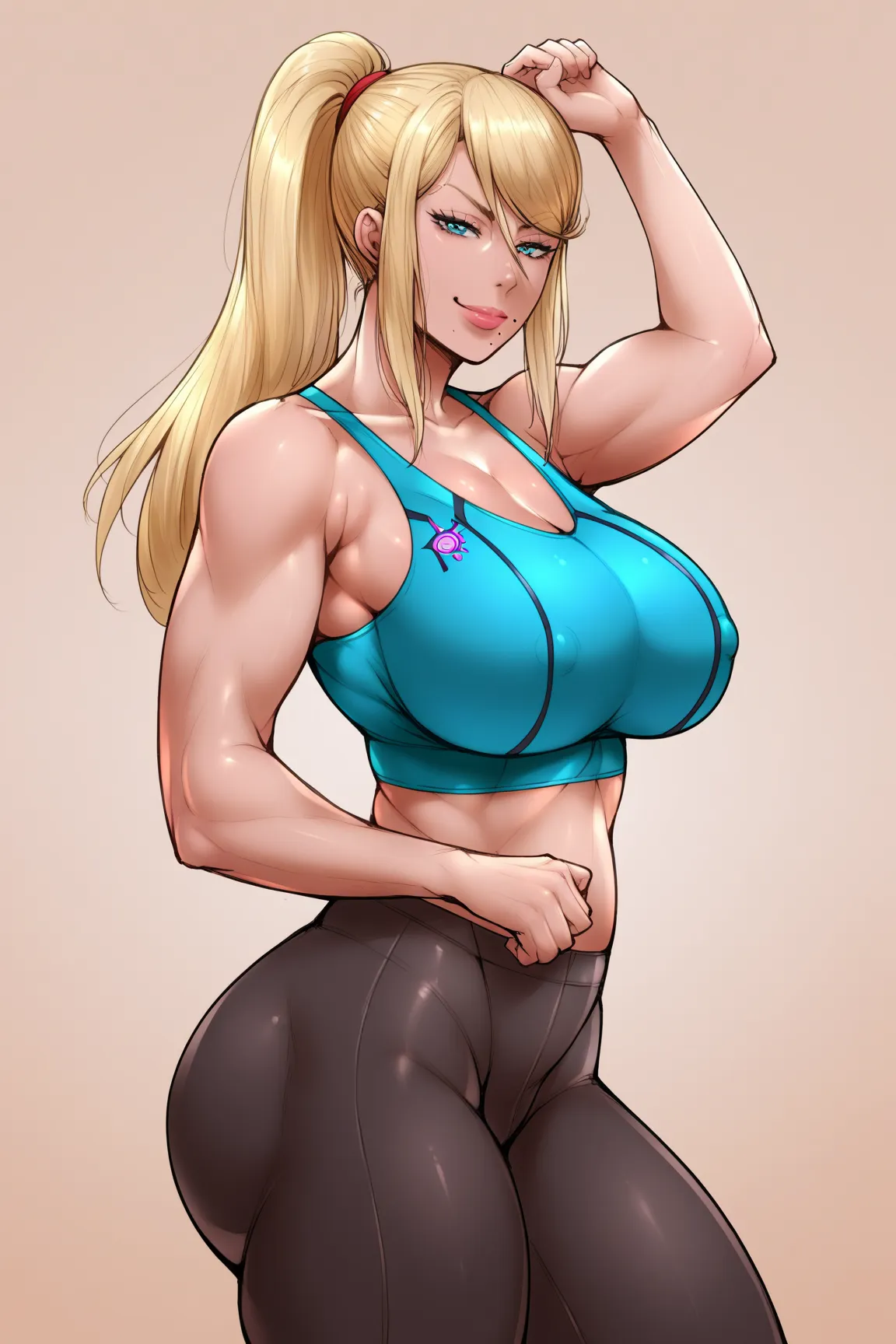 score_9_up, score_8_up, score_7_up,score_6_up, score_5_up, score_4_up,BREAK,zPDXL3,rating_explicit, source_anime, samus aran, blonde woman, gym clothing, plump, medium breast, yoga pants, smug