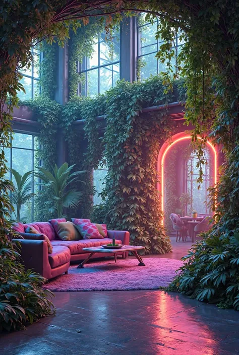 realistic living room with a neon sci-fi rainforest-cafe style, foliage insdoors