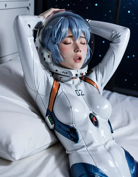 lying, on back, arms up, pussy, squirting, in heat, ecstasy, embarrassed, full-face blush, (closed eyes), half open mouth, looking up, sweat, night, dark, deep shadow, eva helm, space helmet, bubble helmet, from side, room, in bed, bed, space helmet, bubbl...