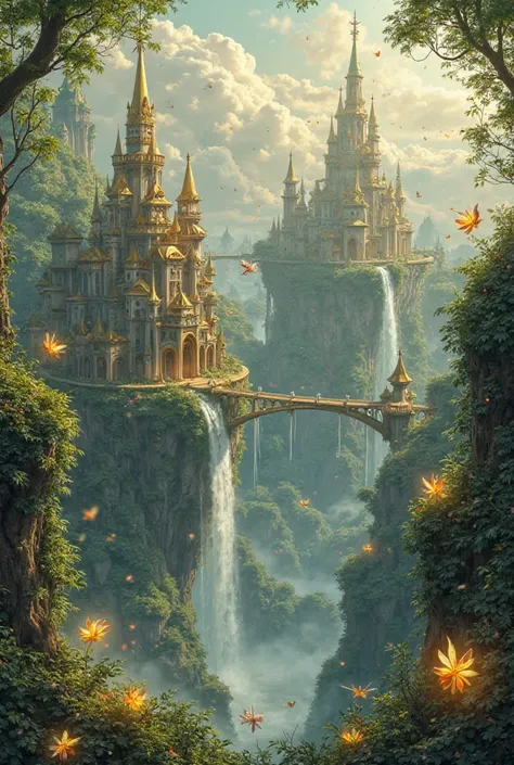 A breathtaking floating kingdom with golden spires, waterfalls cascading into the sky, and bridges made of glowing vines. Tiny, colorful fairies with sparkling wings fly around, leaving trails of magical dust in the air.