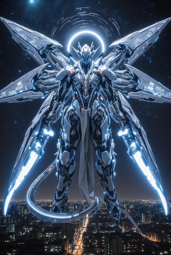 "A celestial cybernetic guardian towering over a futuristic cityscape, its metallic body glowing with intricate neon circuits. Its arms extend into massive mechanical wings adorned with holographic symbols, while an artificial sun hovers behind its head, c...