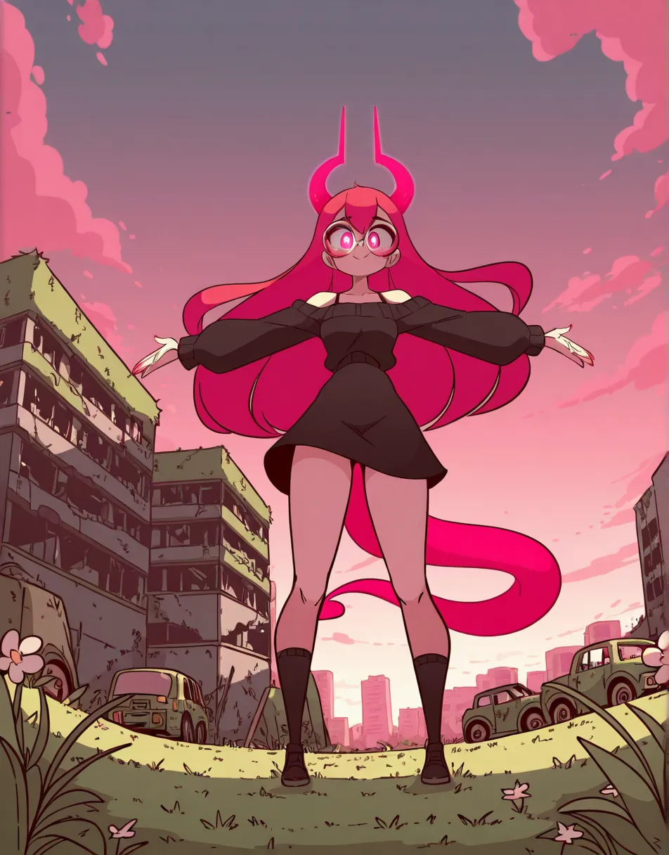 art by diives, best quality, masterpiece, uncensored, source_anime, perfect hands, 1girl, solo, magenta hair, pink eyes, skirt, long hair, black medium skirt, ruins, overgrown, open arms, smile, black sweater, flower, sky, plant, afternoon, bare shoulders,...