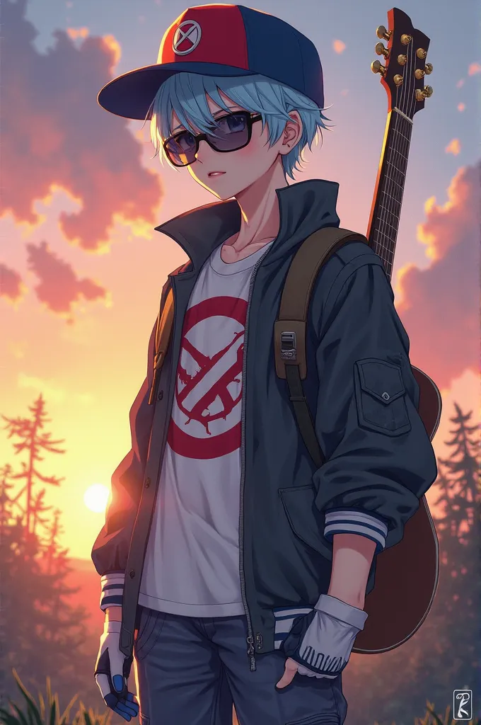 Adult anime boy with light blue hair and wearing a red and blue cap with a prohibition symbol on his white shirt with a jacket with sunglasses, with a guitar on his back , with gloves, watching the sunset  