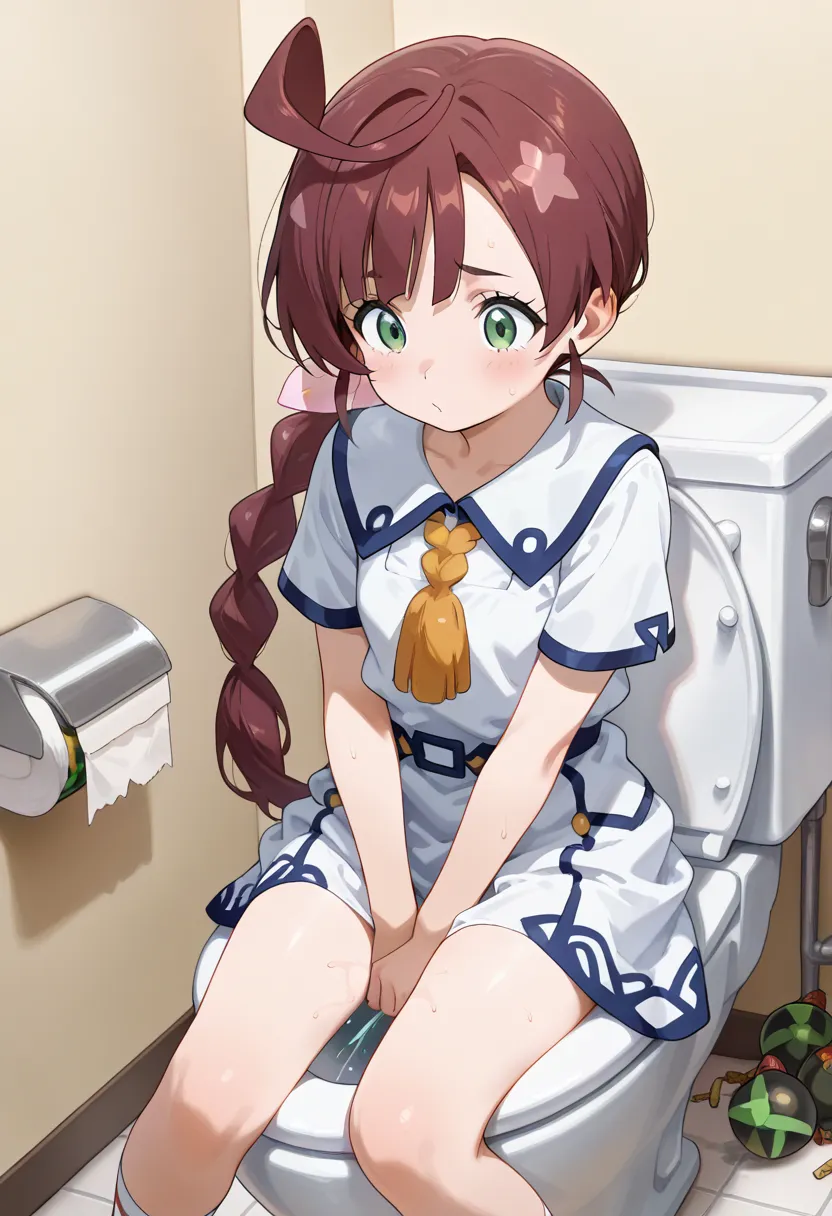 best quality, good quality, amazing quality, very aesthetic, absurdres, masterpiece, 1girl, chloe, long hair, brown hair, braided ponytail, ahoge, green eyes, school uniform, neck tassel, collared dress, white dress, short sleeves, siting on a toilet, poop...