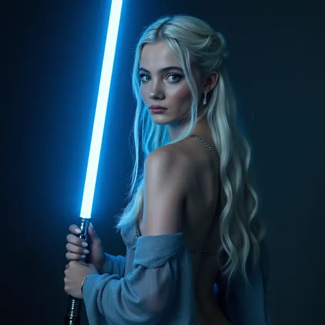 ( Masterpiece , High quality, High definition, realistic photo,  photo ), freya allan , beautiful girl,  nude, she has a blue lightsaber in her hands, she has white hair Daenerys, she&#39;s worth it, She is focused, the body is turned towards the viewer.