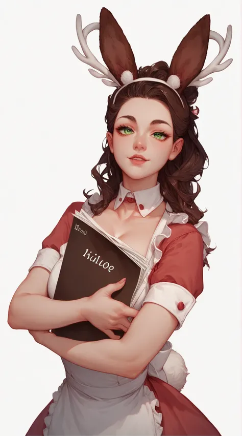 Jackalope girl, waitress, red and white waitress uniform, wavy dark brown hair, green eyes, looking at viewer, sexy, holding menu folder between arms, half body, bunny ears, anters, source_anime