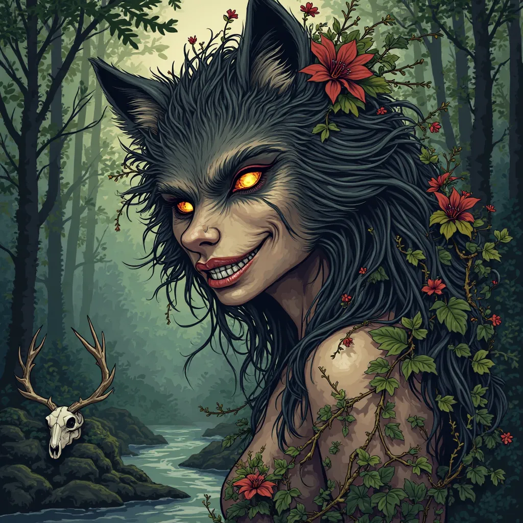 A close-up of the werewolf woman's face with sharp teeth and glowing eyes one has a scar her hair could be intertwined with flowers and leaves, with wild vines crawling up her shoulders, symbolizing her connection to the earth.
Background: A dense forest w...