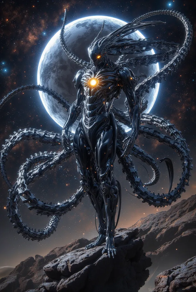 "A biomechanical god of the stars, standing atop a floating asteroid, surrounded by swirling galaxies and cosmic dust. Its body is a perfect fusion of organic and mechanical, with flowing metallic tendrils extending into the void. A radiant energy core pul...