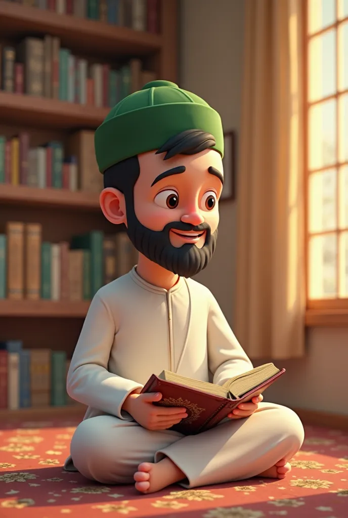  3d cartoon style , Ali wears traditional white shawal kameez, wearing a green hat ,Ali sits cross-legged on the floor of the room, Focus on reading the Quran. The Quran is placed on a wooden shelf, The soft light fills the room. A sense of calm and spirit...