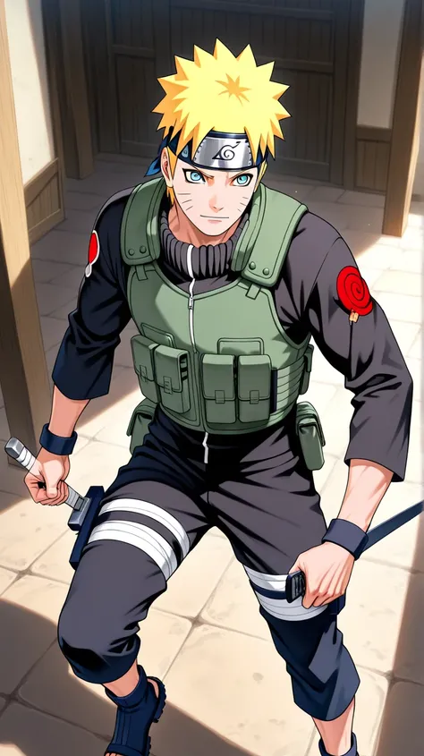 Naruto Uzumaki, male, 30s, strong, muscular, "A detailed representation of an elite shinobi from Vila da Folha, dressed in a green tactical protective vest over a tight-fitting black uniform. His long, yellow hair spikes upwards, giving him a mature, stron...