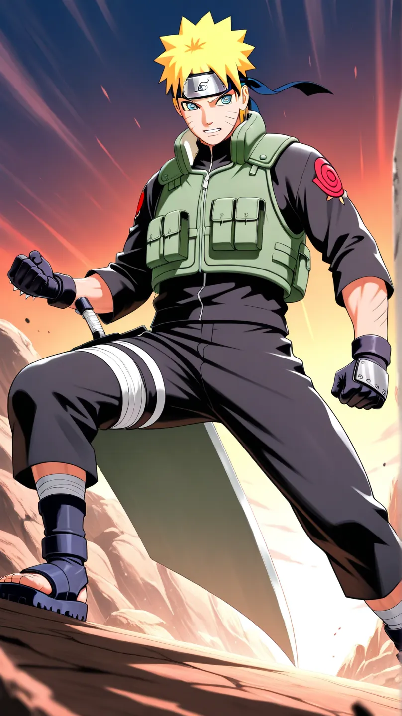 Naruto Uzumaki, male, 30s, strong, muscular, "A detailed representation of an elite shinobi from Vila da Folha, dressed in a green tactical protective vest over a tight-fitting black uniform. His long, yellow hair spikes upwards, giving him a mature, stron...