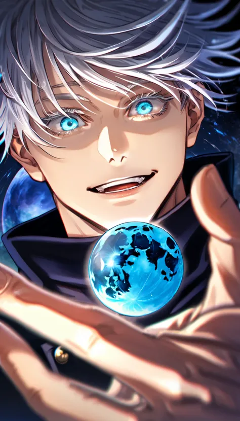 absurdres, highres, ultra detailed, HDR, master piece, Gojou Satoru, white hair, blindfolded eyes, black shirt, Jujutsu Kaisen, man, handsome, best quality, blue moon, magical, solo, water Jujutsu Kaisen uniform, handsome smile