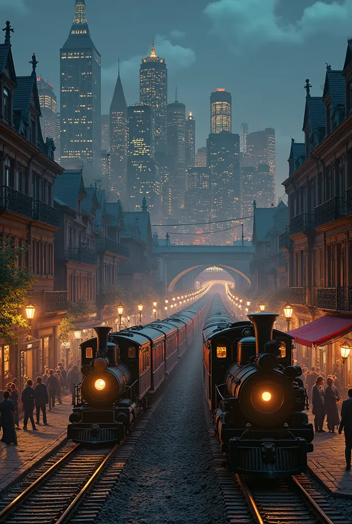 trains running on railroad tracks for a close-up view of the city, Nick Fudge , cg society contest winner,  Magical Reality , A bustling magical town,  Joe Gonzalez , Magical City,  night cityscape , Steampunk cityscape ,  fantasy style cityscape,  James G...