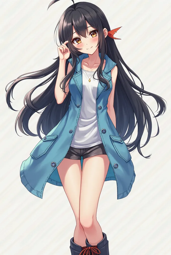 anime girl, long black hair, brown eyes, sleeveless blue raincoat, playful pose, buttoned, bare legs, boots, sleeveless white shirt underneath, playful pose 