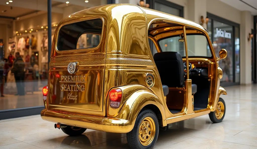 


"A luxurious auto-rickshaw covered in gleaming gold, shown from a straight back view. The rickshaw has premium black leather seats, a golden frame, and intricate details on the rear. The taillights are glowing, and the golden wheels are partially visibl...