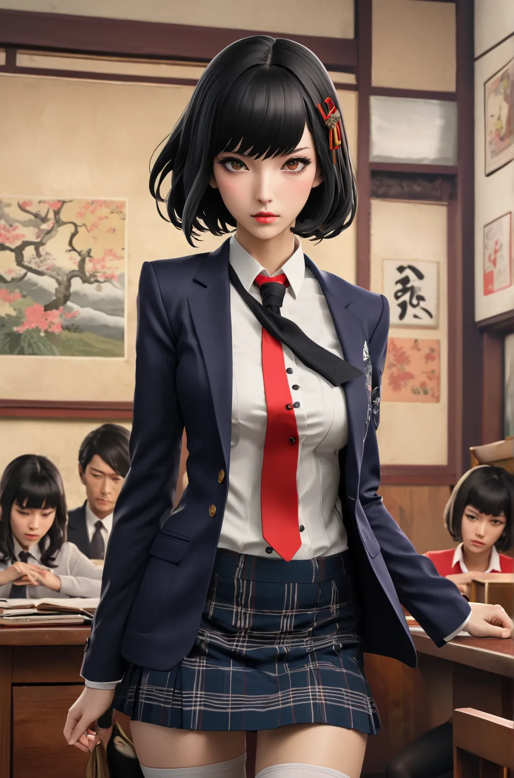 ((anime style, 2D,  well-defined traits ,  great quality, color element, surRealistic, japanese pop, traces of painting Ukiyo-e,  well-defined traits , Realistic, inspired by Toshio Saeki, Persona 5 Style)), a beautiful young Japanese schoolgirl with a goo...