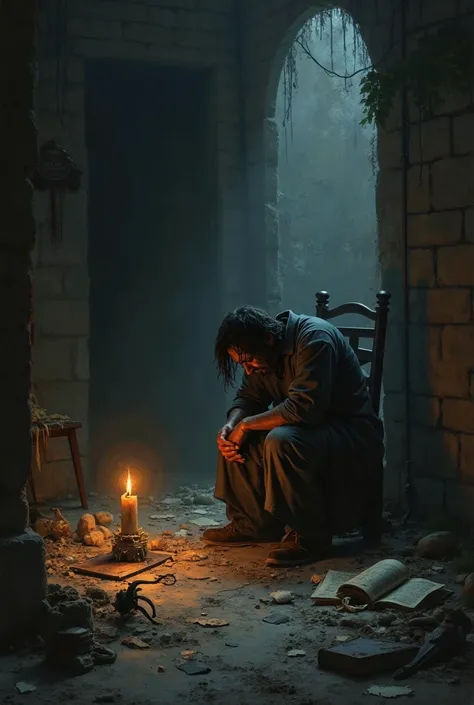 I would like an image for a history and fantasy book where the protagonist loses everything and is sitting and defeated in a dark room with a candle