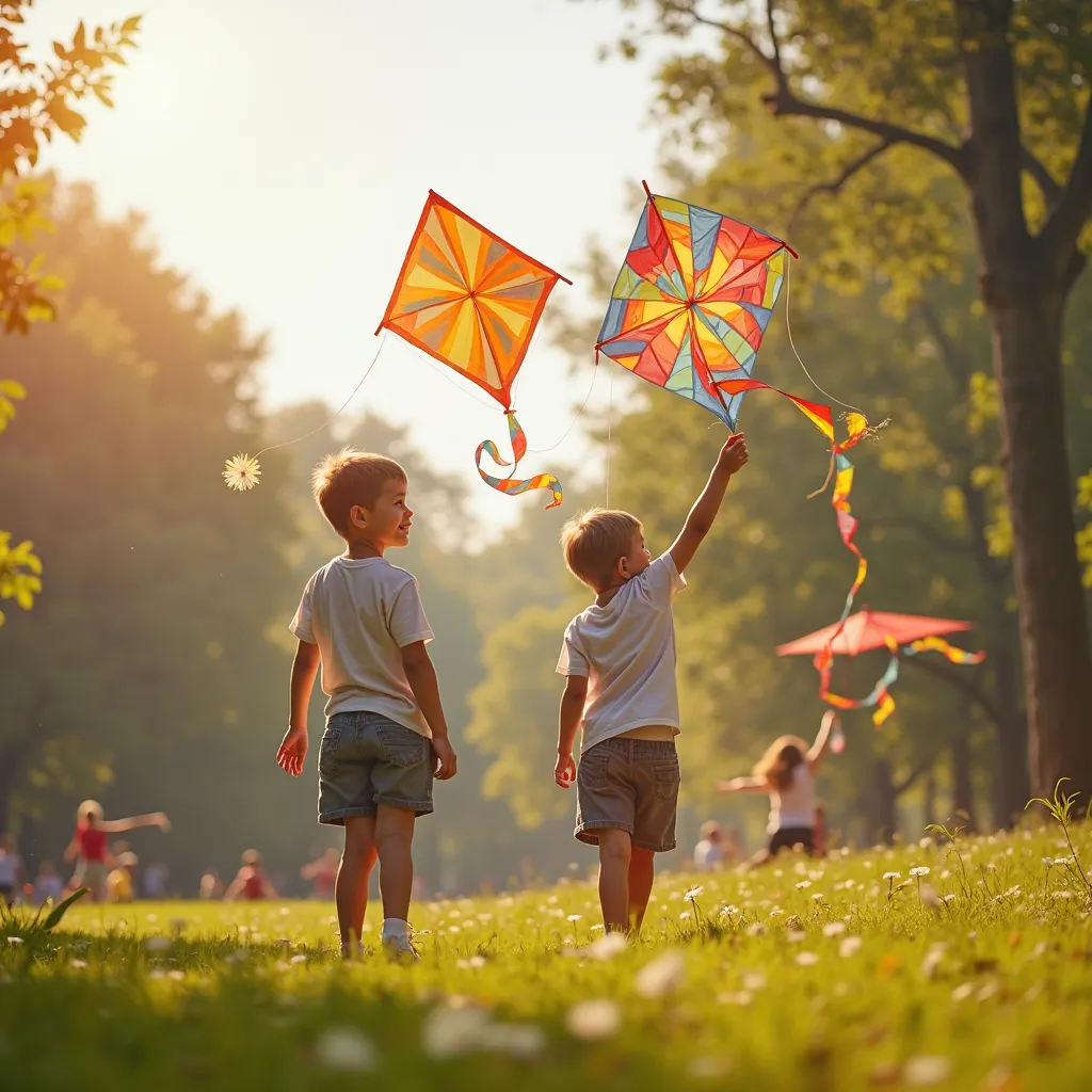 Create a stunning image capturing the essence of a real moment in a park, where boys are joyfully flying kites. The scene is bathed in natural sunlight, casting a warm glow over the vibrant colors of the kites and the lush greenery of the park. The boys' e...