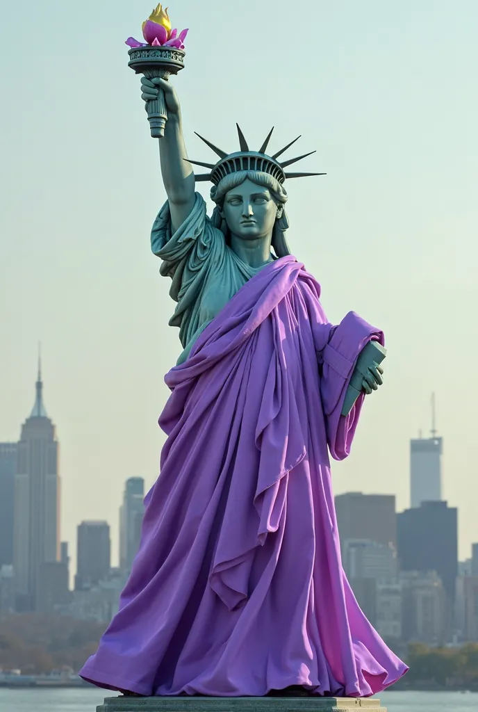 Selfie of the Statue of Liberty dressed in purple while smiling 
