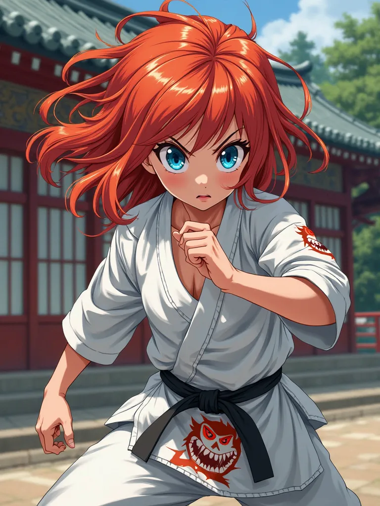 Redhead girl with blue eyes, karate shirt with angry face with muscles with anime style house background