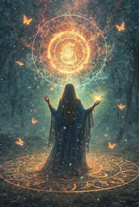 A powerful sorceress stands in the middle of an ancient rune circle, casting a spell that creates swirling, colorful magical energy. The air is filled with floating symbols and glowing butterflies as reality bends around her.