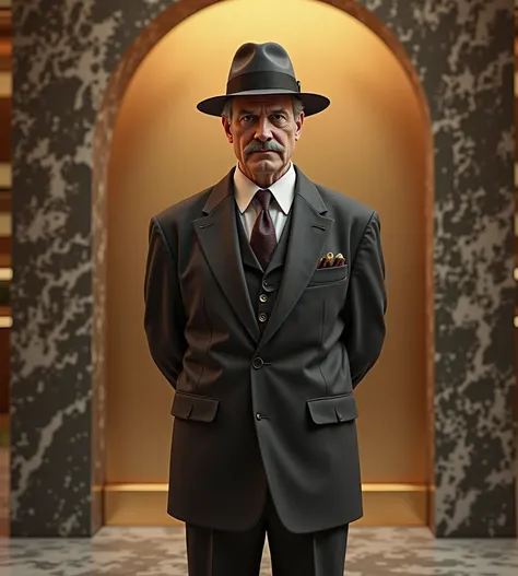 Doctor with mustache and suit and hat with his hands behind in marble, complete with gold background behind