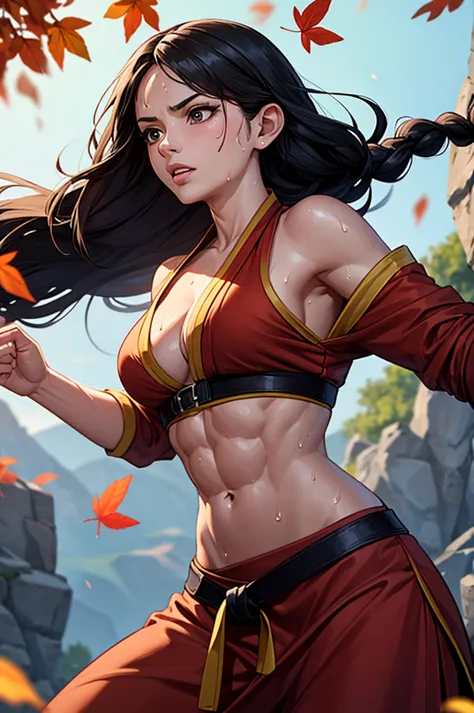 A sexy DnD Monk Martial Artist, her long, black hair in a long braid, her abs glisten with sweat. Wind blows leaves in whirlwind around her.  She looks like Missy from Doctor Who