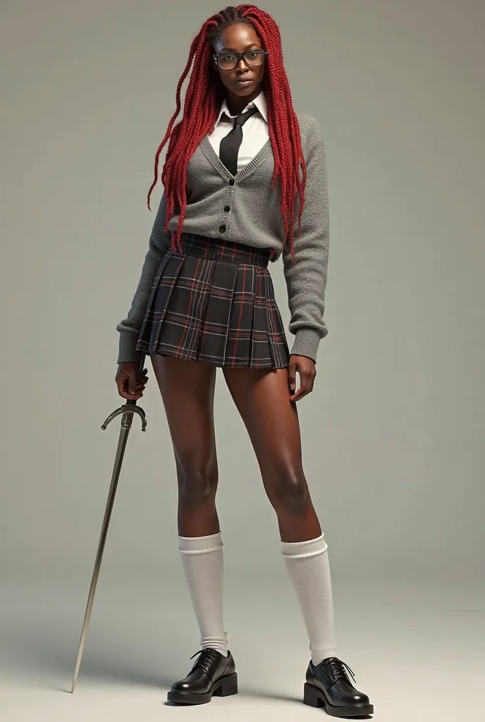 sexy Black woman with long red braids and glasses, wearing a grey v-neck sweater, white shirt, tie, pleated plaid miniskirt, high white socks and shoes, holding a fencing sword.
