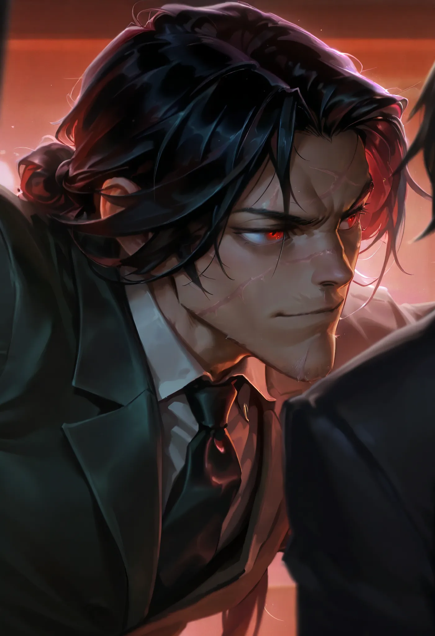 Score_9, Score_8_up, Score_7_up, Score_6_up, masterpiece, portrait, 1male, dominant posture, long black hair, red eyes, scar on the chin, wearing a formal suit, cruel gaze, L0LSPL4SH,