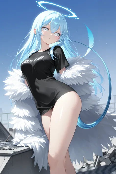 Best Picture Quality、high resolution、 diamond blue hair 、White Eyes、Feather coat、 day、alien tail、rooftop、、   black t-shirt 、beautiful breasts、  best thighs、Blue aura、  long hair、best image quality、inflammation、beautiful skin、rubble