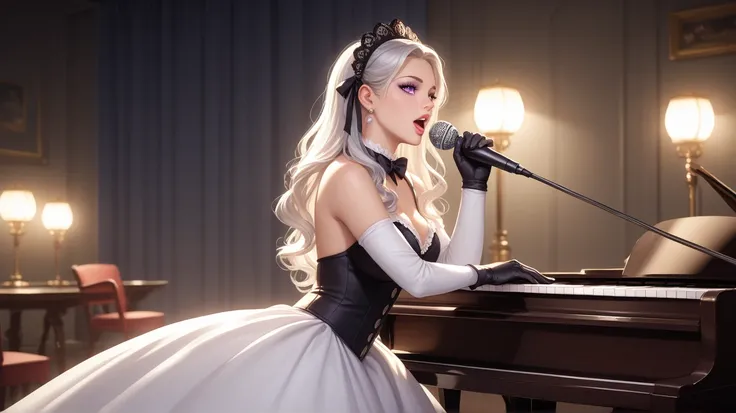 Masterpiece, best quality, highly detailed, beautiful lighting, cinematic, A silver-haired elegant maid with soft waves, deep purple eyes, standing on a grand stage, singing under a bright spotlight. She wears a classic black maid dress, long black gloves,...