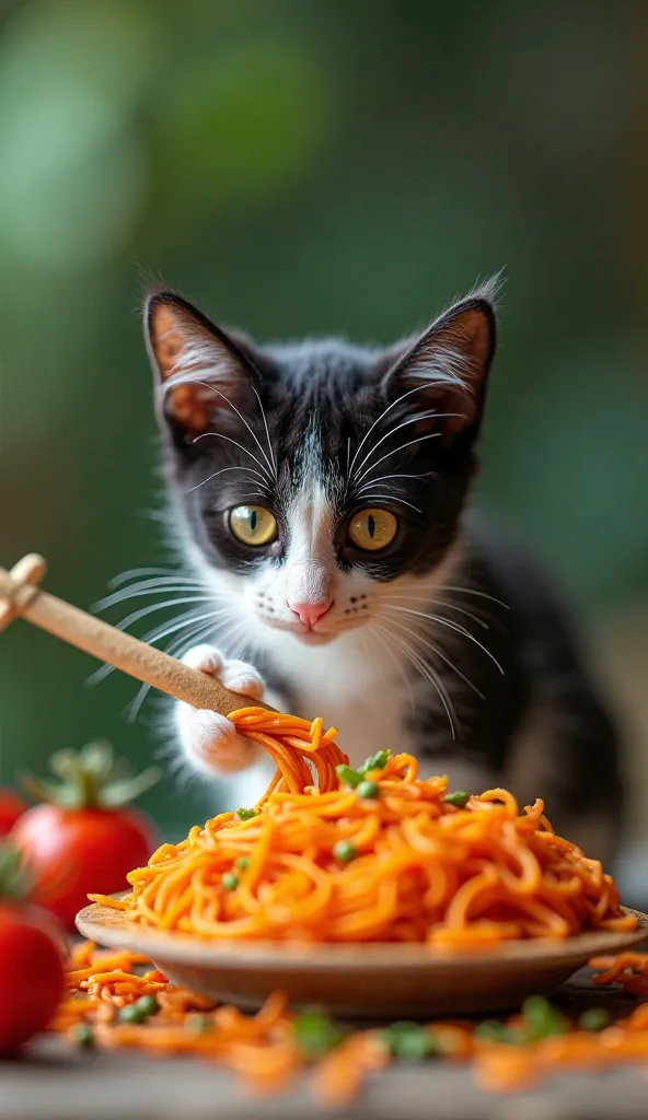 Macro photos taken with a special macro lens reveal adorable images: of black and white noodle cats mixed together using a small crane to prepare a beautiful orange grouse with lots of vibrant colors — red tomatoes, orange carrots, green lentils The whole ...