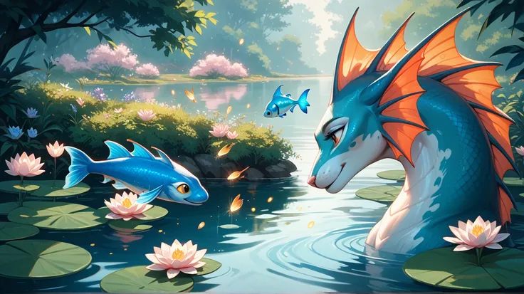 A curious cat and a large, mystical fish face each other in an enchanting scene. The cat, with its ears perked and tail flicking, gazes intently at the fish, which hovers slightly above the water, glowing softly. The fish has elegant, flowing fins and shim...