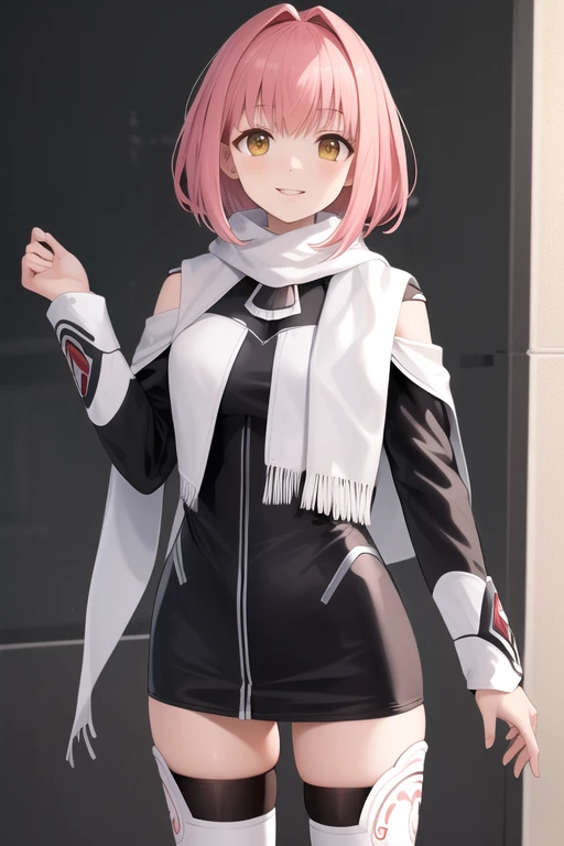 masterpiece, the best quality,  highres, aamomo , Short Hair, choke, adorno para el cabello,  black scarf, Black dress, Alone,  Long Sleeves Leather,  tall white stockings, Standing, cowboy shot,  smile