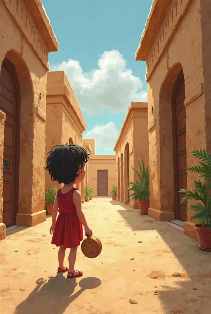 Create a first-person perspective image (throw), as if I were a  living in Ancient Egypt. Show the 's small, slightly dirty hands holding a round loaf or wooden toy at the bottom of the image.  In the scenario , Include "."after school, I meet my friends i...